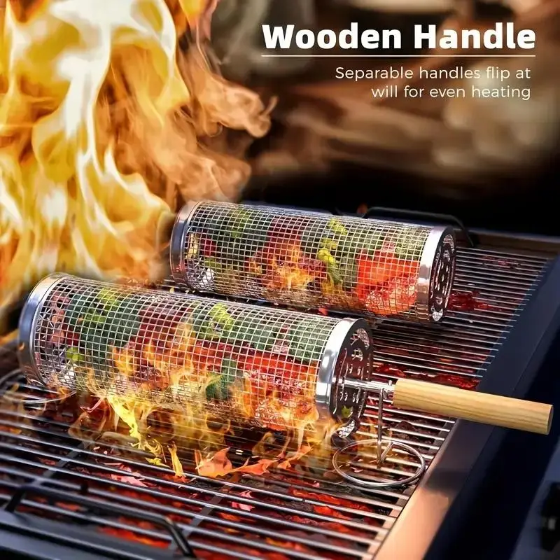 Outdoor Camping Grill - RVS BBQ Grillmand, Ronde Rolbare Cilindervormige