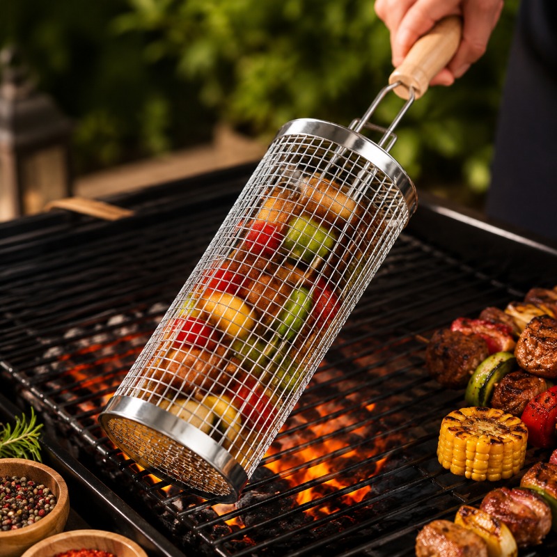 Outdoor Camping Grill - Ronde barbecue grillmandset van roestvrij staal,